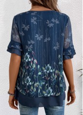 Navy Layered Floral Print Short Sleeve V Neck Blouse | thumb picture 