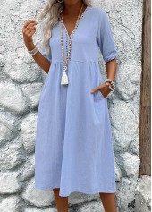 Light Blue Patchwork Half Sleeve V Neck Dress | thumb picture 