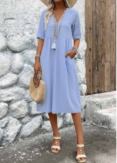 Light Blue Patchwork Half Sleeve V Neck Dress | thumb picture 