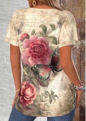 Light Camel Button Floral Print Short Sleeve T Shirt | thumb picture 