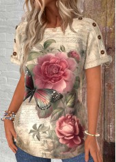 Light Camel Button Floral Print Short Sleeve T Shirt | thumb picture 