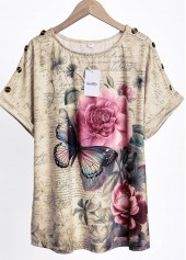 Light Camel Button Floral Print Short Sleeve T Shirt | thumb picture 