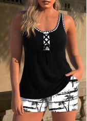 Lace Up Tropical Plants Print Black Tankini Set
