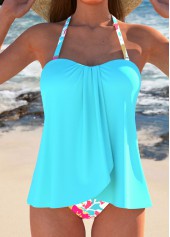 Cross Hem Floral Print Cyan Tankini Set