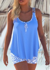 Contrast Binding Ditsy Floral Print Blue Tankini Set