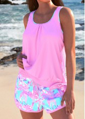 Bowknot Tropical Plants Print Pink Tankini Set