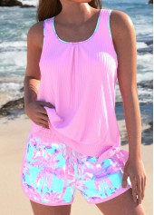 Bowknot Tropical Plants Print Pink Tankini Set | thumb picture 