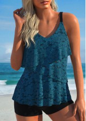 Ruffle Peacock Blue Asymmetric Tankini Set