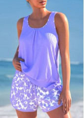 Bowknot Floral Print Light Purple Tankini Set