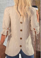 Light Camel Button 3/4 Sleeve Round Neck Blouse