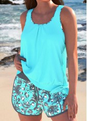 Bowknot Tropical Plants Print Cyan Tankini Set