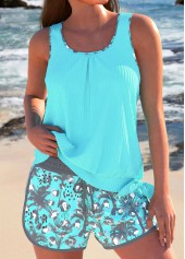 Bowknot Tropical Plants Print Cyan Tankini Set | thumb picture 