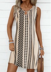 Light Camel Circular Ring Striped A Line Sleeveless Dress