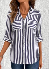 Navy Button Striped 3/4 Sleeve Shirt | thumb picture 