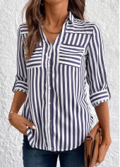 Navy Button Striped 3/4 Sleeve Shirt | thumb picture 
