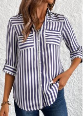 Navy Button Striped 3/4 Sleeve Shirt
