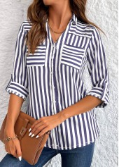 Navy Button Striped 3/4 Sleeve Shirt | thumb picture 