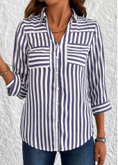 Navy Button Striped 3/4 Sleeve Shirt | thumb picture 