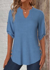 Denim Blue Button 3/4 Sleeve Split Neck Blouse