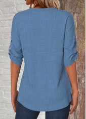 Denim Blue Button 3/4 Sleeve Split Neck Blouse