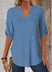 Denim Blue Button 3/4 Sleeve Split Neck Blouse