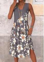 Dark Grey Patchwork Floral Print A Line Sleeveless Dress