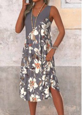 Dark Grey Patchwork Floral Print A Line Sleeveless Dress | thumb picture 