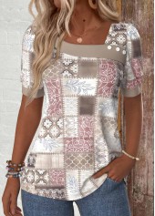 Light Pink Patchwork Geometric Print Short Sleeve T Shirt