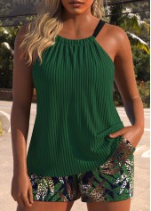 Criss Cross Tropical Plants Print Green Tankini Set