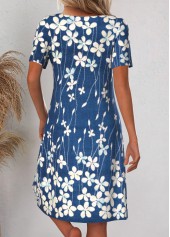 Blue Asymmetry Floral Print A Line Short Sleeve Dress | thumb picture 