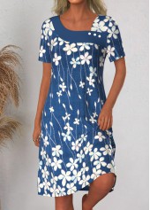 Blue Asymmetry Floral Print A Line Short Sleeve Dress | thumb picture 
