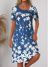 Blue Asymmetry Floral Print A Line Short Sleeve Dress