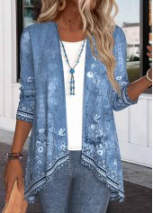 Plus Size Denim Blue Ruffle Floral Print Light Cardigan