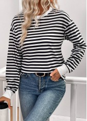 Black Patchwork Striped Long Sleeve Round Neck T Shirt | thumb picture 