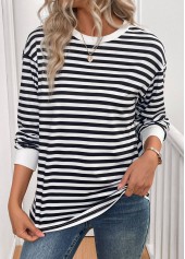Black Patchwork Striped Long Sleeve Round Neck T Shirt