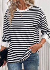 Black Patchwork Striped Long Sleeve Round Neck T Shirt | thumb picture 