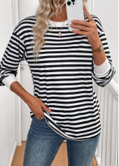 Black Patchwork Striped Long Sleeve Round Neck T Shirt | thumb picture 