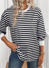 Black Patchwork Striped Long Sleeve Round Neck T Shirt | thumb picture 