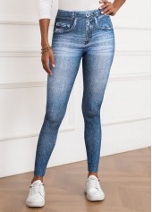 Denim Blue Denim-effect Print Skinny Elastic Waist Pants | thumb picture 