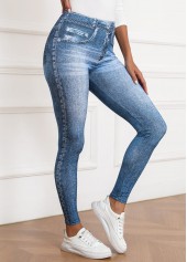 Denim Blue Denim-effect Print Skinny Elastic Waist Pants | thumb picture 