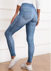Denim Blue Denim-effect Print Skinny Elastic Waist Pants | thumb picture 