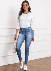 Denim Blue Denim-effect Print Skinny Elastic Waist Pants | thumb picture 