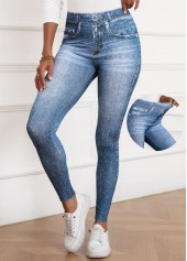 Denim Blue Denim-effect Print Skinny Elastic Waist Pants