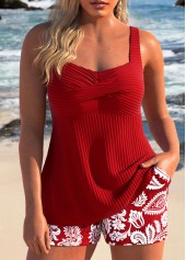 Surplice Random Floral Print Red Tankini Set
