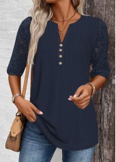 Navy Lace Half Sleeve Split Neck T Shirt