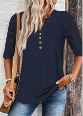 Navy Lace Half Sleeve Split Neck T Shirt | thumb picture 