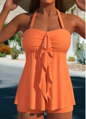 Ruffle Orange Ruched Jacquard Tankini Set