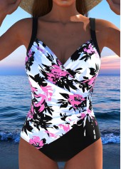 Drawstring Floral Print Pink One Piece Swimwear