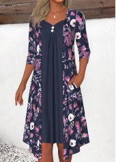 Navy Fake 2in1 Floral Print A Line Dress | thumb picture 