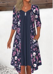 Navy Fake 2in1 Floral Print A Line Dress
